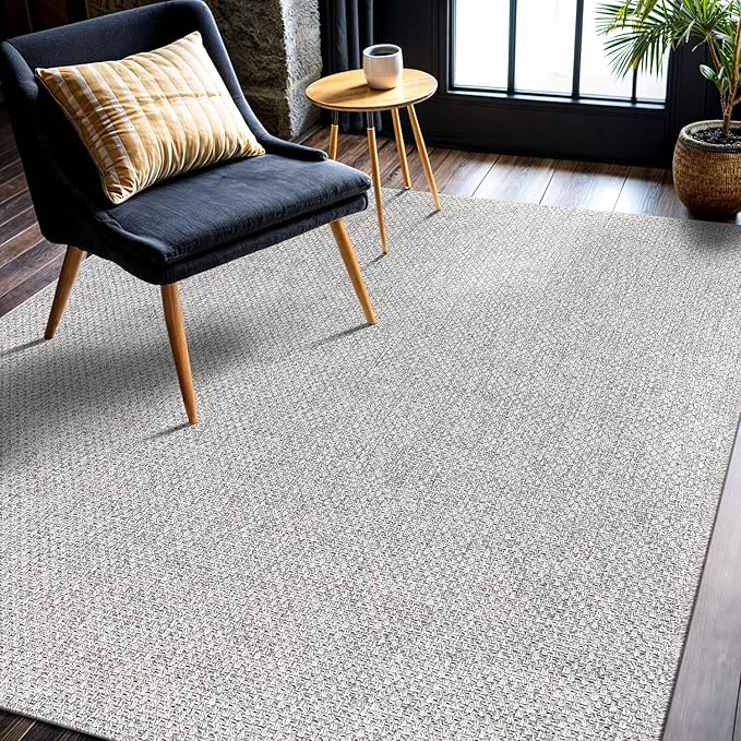 CAMILSON Easy Jute Rug 6x9, Indoor Outdoor Gray Color Farmhouse Area Rugs for Living Room Patio and Kitchen Rug, Solid Boho Woven Design, Easy-Cleaning, Washable Outside Carpet Alfombras (6 x 9)