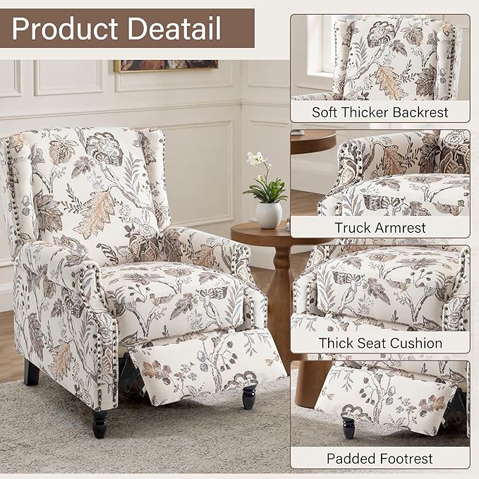 UIXE Recliner Chairs Set of 2, Fabric Upholstered Armchair Pushback Accent Chair for Living Room, Floral Rivet Trim Club Chair Home Theater Single Sofa Bedroom Side Reading Seat - Beige Plants
