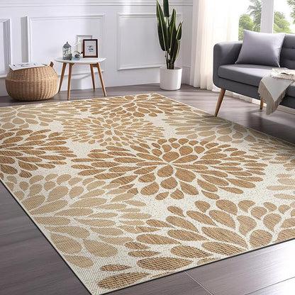 Beverly Rug Outdoor Rug 10x14 Modern Exotic Tropical Leaf Area Rugs for Indoor and Outdoor Patio Deck Porch Garden Water Resistant Washable Outside Carpet (10 x 14 Beige)