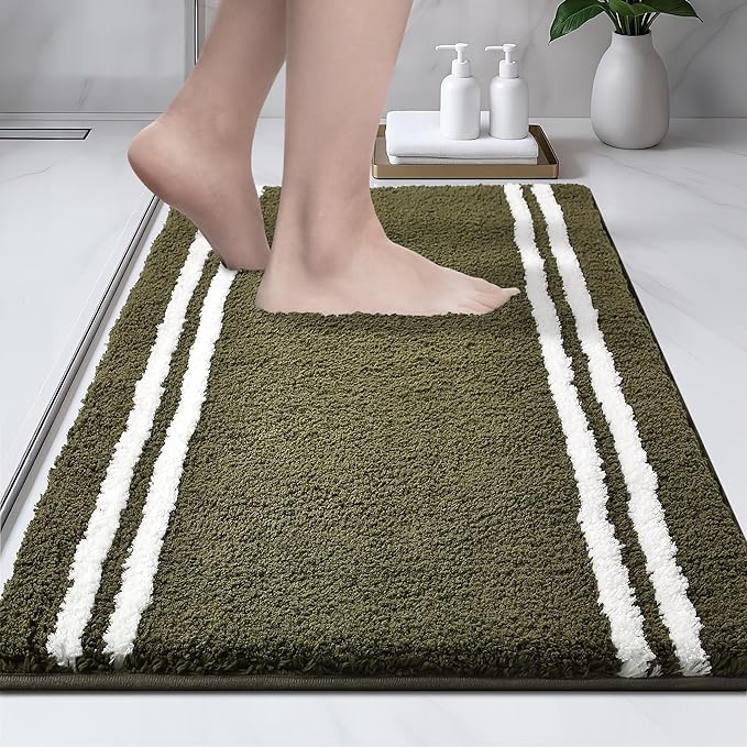 PURRUGS Bathroom Rug Non-Slip Machine Washable 20" x 30", Super Absorbent and Quick Dry Shaggy Microfiber Bath Mat, Extra Soft and Plush Bath Rug for Bathtub, Shower and Sink, Olive Green