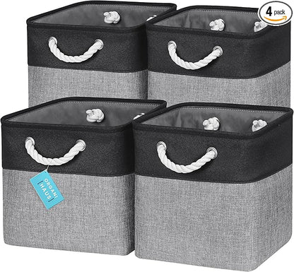 OrganiHaus 11x11 Cube Storage Bins 4 Pack, Foldable Cube Storage Organizer w/ Rope Handles, Collapsible Fabric Bins for Toys, Clothes & Closet Organization, Fabric Square Baskets - Gray/Black