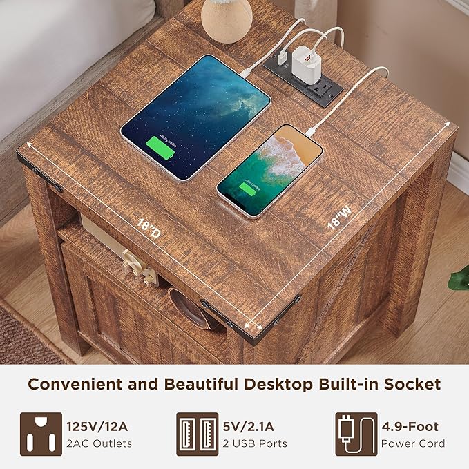 OKD Farmhouse Nightstand with Charging Station, 18" Rustic End Table with Adjustable Storage Shelf, Wood Rustic Wood Sofa Side Table for Bedroom