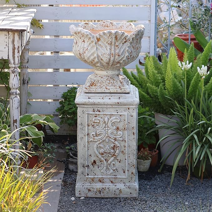 Vintage Garden Urn Planter with Pedestal, Cement and Fiber, Maked Antique, Decorative Leaf Pattern, 14.2x11.8 Inch Pot with 19.3 Inch Stand, Wrap Foam Safely Delivered from Local Warehouse (Antique)