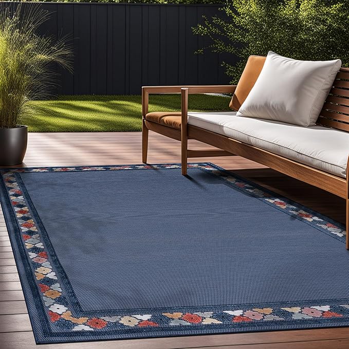 Beverly Rug Outdoor Rug 6x9 Modern Bordered Area Rugs for Indoor and Outdoor Patio Easy to Clean Non Shedding Living Room Porch Garden Washable Outside Carpet (6 x 9 Blue)