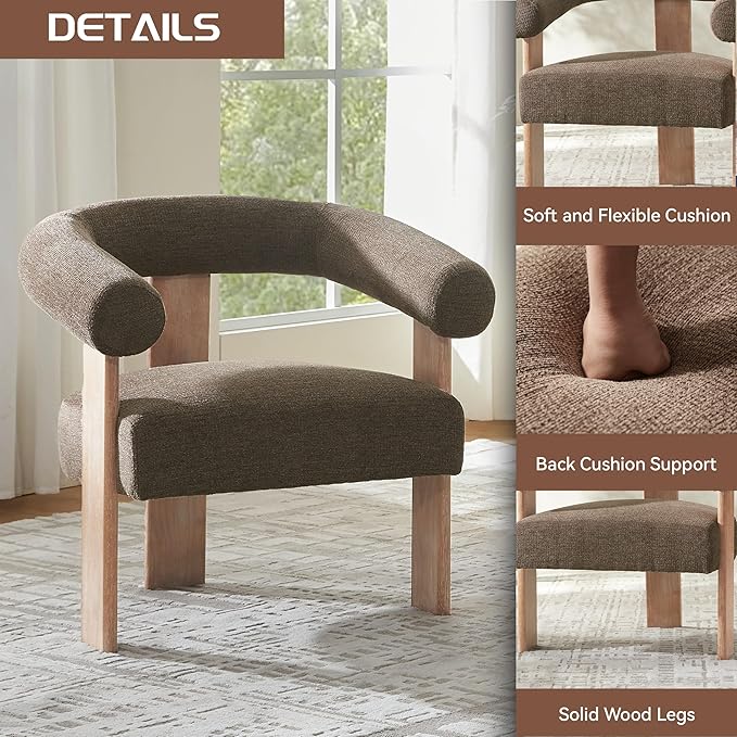 VKNOW Accent Chair Living Room Chair, Modern Upholstered Armchair with Solid Wood Legs, Comfy Barrel Arm Chairs for Living Room Bedroom, Brown