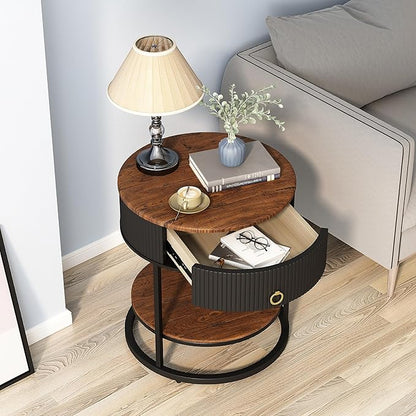 OIOG Round End Table with Drawer, Modern Wood Grain Side Table with Shelf, 2-Tier Nightstand with Drawer for Living Room, Bedroom, Rustic Brown and Black