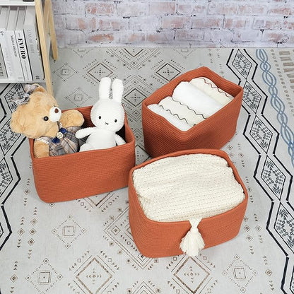 Cotton Rope storage Basket Bins Woven Basket for Organizing Shelves Rectangle Decorative Baskets For storage Clothes Toys Books Towels Square Wicker Nursery basket organizer 3 pack Rust