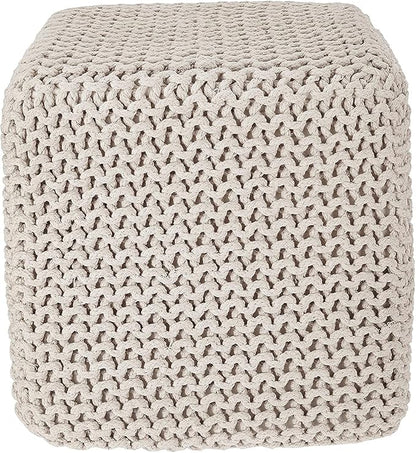 REDEARTH Square Pouf Ottoman Foot Stool - Hand Knitted Bean Bag - Cord Boho Pouffe - Accent Poof for Living Room - Nursery - Bedroom - Kids Bedroom - Patio - 100% Cotton (16" x 16" x 16") - Ivory