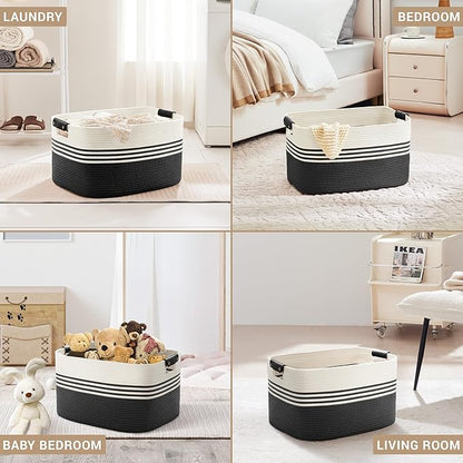 60L Large Laundry Basket with Leather Handles for Living Room Storage, Woven Rope Baskets Bin for Blanket, Kids Toy, Gifts, Wicker Hamper for Bedroom Dirty Clothes, 21"x15"x11" White Black