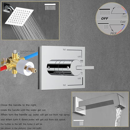 Shower Faucet Set, Tub Shower Faucet with 6-Inch Rainfall Shower Head and Tub Spout, Shower Tub Faucet Set Complete (Included Shower Valve), Tub Shower Trim Kit, Polished Chrome