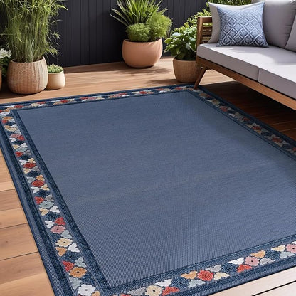 Beverly Rug Outdoor Rug 9x12 Modern Bordered Large Area Rugs for Indoor and Outdoor Patio Easy to Clean Non Shedding Living Room Porch Garden Washable Outside Carpet (9 x 12 Blue)