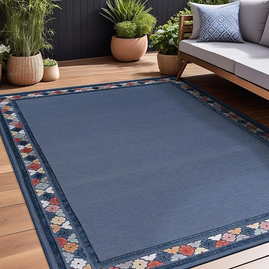 Beverly Rug Outdoor Rug 9x12 Modern Bordered Large Area Rugs for Indoor and Outdoor Patio Easy to Clean Non Shedding Living Room Porch Garden Washable Outside Carpet (9 x 12 Blue)