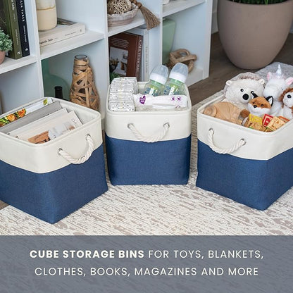 OrganiHaus 12x12 Cube Storage Bins 4 Pack, Foldable Cube Storage Organizer w/ Rope Handles, Collapsible Fabric Bins for Toys, Clothes & Closet Organization, Fabric Square Baskets - Navy Blue
