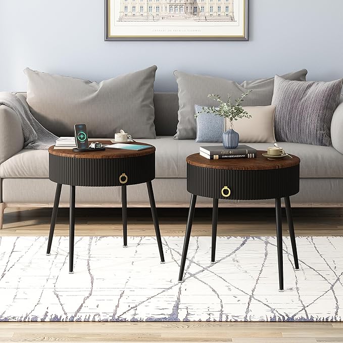 OIOG Side Tables Set of 2, Round Nightstand with Drawer, Modern Bedside End Tables for Small Space, Living Room, Bedroom, Office, Dorm, Rustic Brown and Black