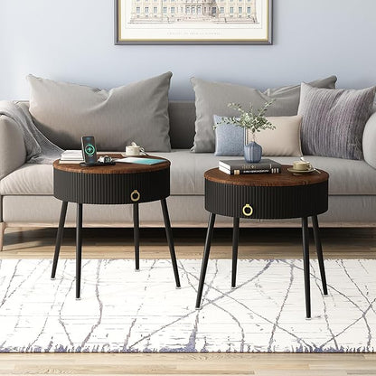 OIOG Side Tables Set of 2, Round Nightstand with Drawer, Modern Bedside End Tables for Small Space, Living Room, Bedroom, Office, Dorm, Rustic Brown and Black
