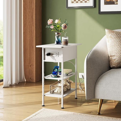 WLIVE End Table with Charging Station, Flip Top Side Table with Storage Shelf, Sofa Couch Table with USB Ports and Outlets, Narrow Bedside Table for Living Room, Bedroom Nightstand, White
