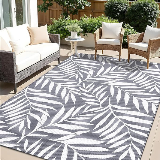 OLANLY Waterproof Outdoor Rug 5x8 ft, Reversible Outdoor Plastic Straw Rug with Leaf Pattern, RV Mat, Indoor Outdoor Carpet for Patio, Camping, Balcony, Deck, Backyard, Grey & White