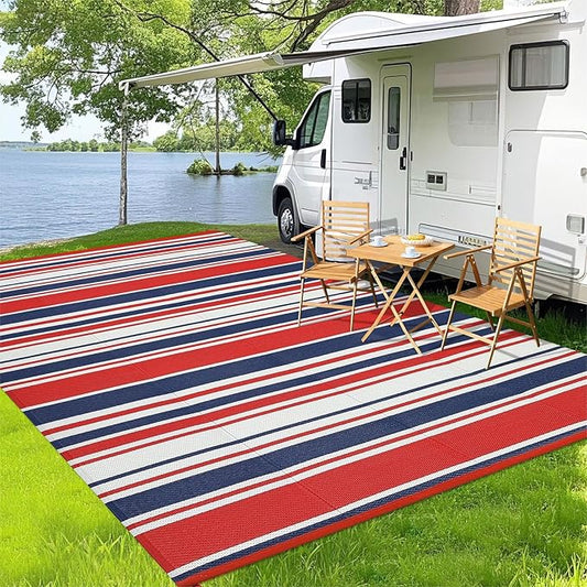 Outdoor Patio Rug 9x12 Stain-Resistant Reversible Camping Mat, Modern Striped Outdoor Plastic Straw Rug, Waterproof Outside Carpet, Easy to Clean for RV, Porch, Deck, Balcony, Red Blue White