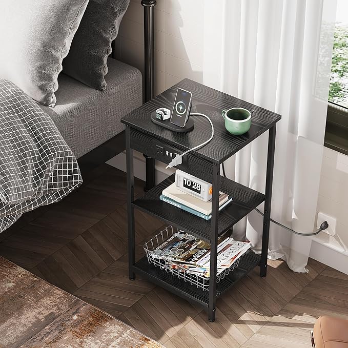 WLIVE Black End Table with Charging Station, Slim Night Stand with 3 Storage Shelves, Small Side Tables for Small Spaces, Bedside Tables for Living Room, Bedroom