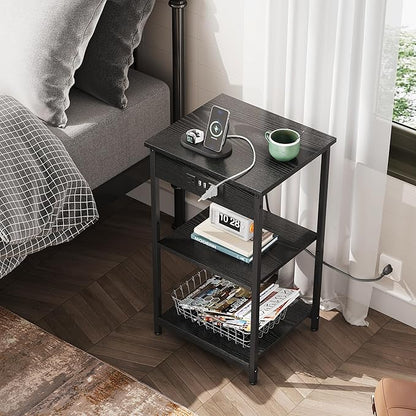 WLIVE Black End Table with Charging Station, Slim Night Stand with 3 Storage Shelves, Small Side Tables for Small Spaces, Bedside Tables for Living Room, Bedroom