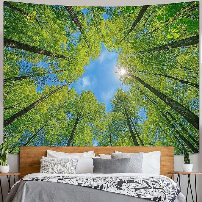 AMM Nature Forest Tree Celling Tapestry Lush Green Treetops Sunlit Tapestry for Bedroom Aesthetic Sky Sunlight Canopy Leaves Landscape Tapestries Wall Hanging for Living Room Dorm Office 90 x 68 Inch