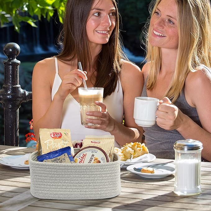 Small Woven Storage Baskets 13“X9”X5“ Decorative Rope Bins for Organizing Shelves, Closets, and Toys, Empty Gift Baskets, Cute Organizer Basket for Home and Office (grey, Large)