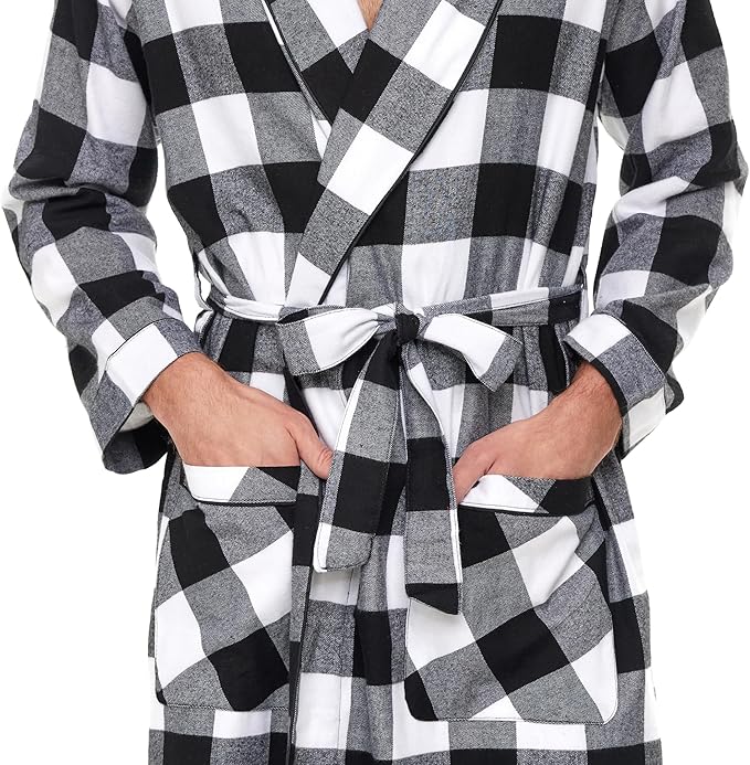 Andrew Scott Mens' Robe with Hoodie| Cotton Flannel Brush Plaid | All Season | Full Length House Robe