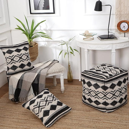 REDEARTH · Tufted Pouf Ottoman with Filler Textured Storage Cube Bean Bag Pouffe Footrest for Living Room, Bedroom, Nursery, Kidsroom; 100% Cotton (17.5"X17.5"X17.5", Linear Diamond Black)