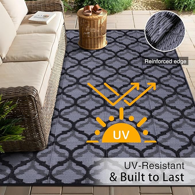 OLANLY Reversible Outdoor Rug 8x10 ft Clearance, Waterproof Outdoor Plastic Straw Rug with Interlacing Pattern, RV Mat for Patio, Camping, Balcony, Deck, Backyard, Black & Grey