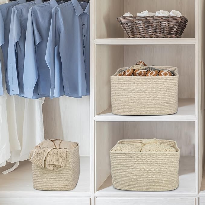Rope storage Basket Bins Woven Basket for Organizing Shelves Rectangle Decorative Baskets For storage Clothes Toys Books Towels Square Wicker Nursery basket organizer 3 pack Oatmeal