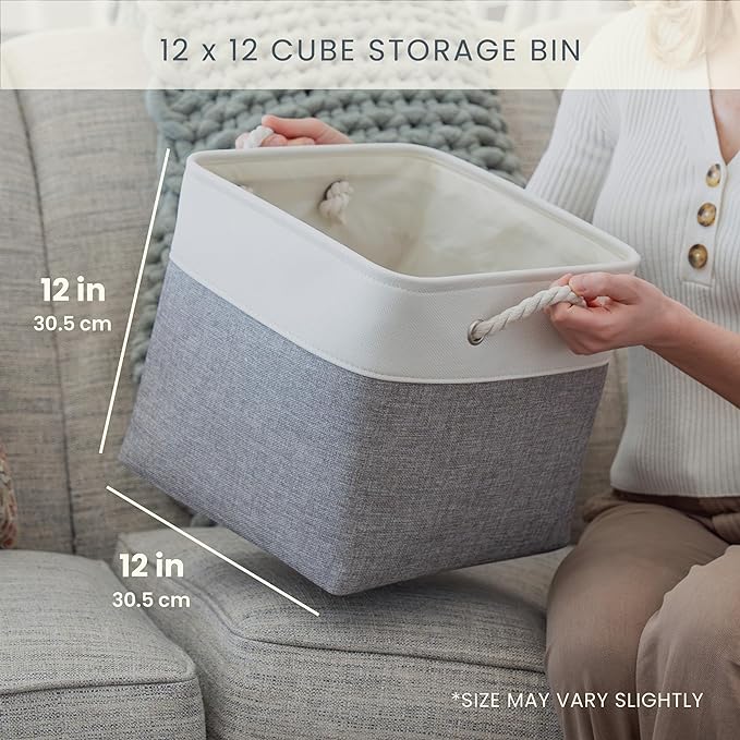 OrganiHaus 12x12 Cube Storage Bins 4 Pack, Foldable Cube Storage Organizer w/ Rope Handles, Collapsible Fabric Bins for Toys, Clothes & Closet Organization, Fabric Square Baskets - Off-White