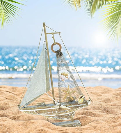 Puzzled Baja Haven Sailboat Decor - Handmade Beach Themed Wooden Boat Home Decor for Living Room Shelves, Tabletop, Desk, Cute Nautical Party Decorations - 14.5 Inches