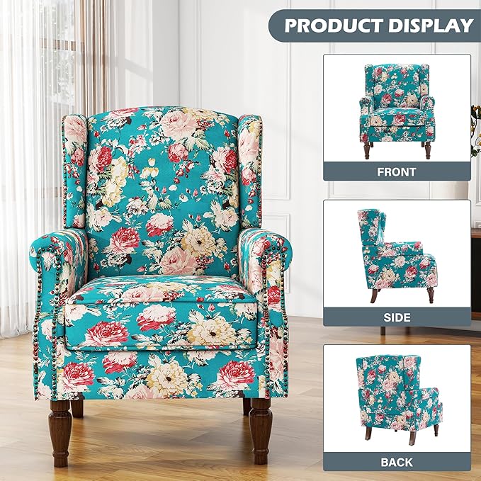 UIXE High Back Floral Accent Chair, Upholstered Armchair in Fabric, Retro Printed Wingback Arm Chair for Living Room, Nailhead Trim Single Sofa Bedroom Reading Seat - Peacock Blue