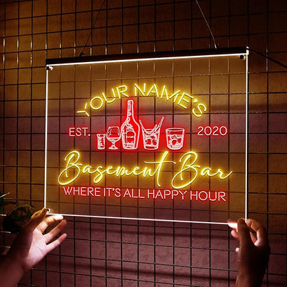 Personalized Basement Bar LED Neon Sign, Custom Name Happy Hour Acrylic Wall Light for Home Bar & Man Cave Decor