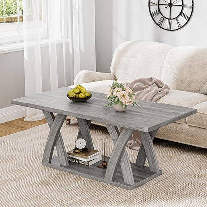 47” Wood Coffee Tables for Living Room Rustic Stands with Storage Shelf Grey Coffee Tables for Living Room Farmhouse Center Stands with Shelf Farmhouse Rectangle Center Table