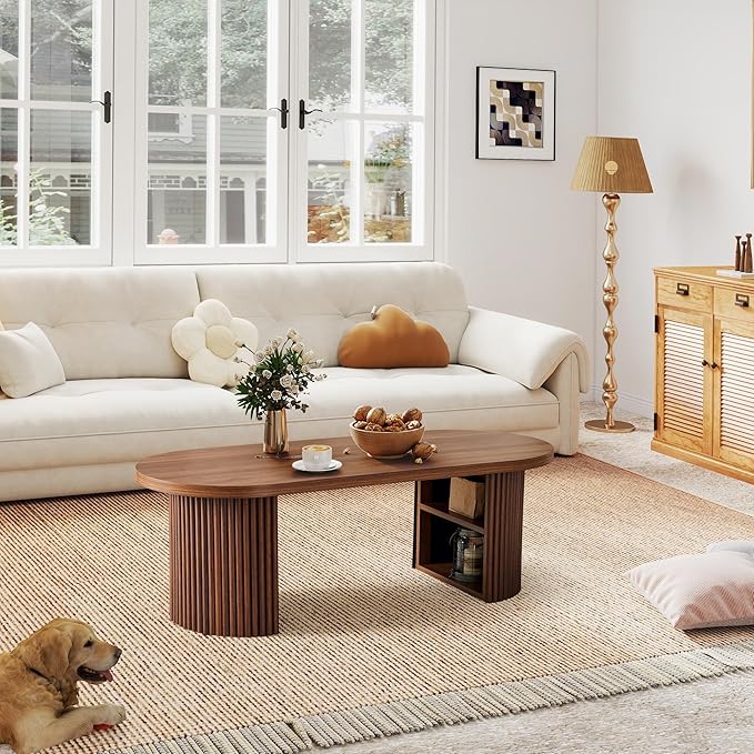 Oval Fluted Coffee Table, 47" Farmhouse Wood Coffee Table Mid Century Modern Center Table Boho Living Room Tables for Living Room Office,Walnut