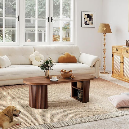 Oval Fluted Coffee Table, 47" Farmhouse Wood Coffee Table Mid Century Modern Center Table Boho Living Room Tables for Living Room Office,Walnut