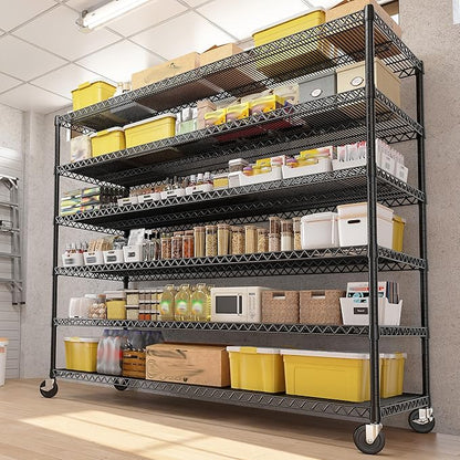 REIBII 60''W X 82.6" H Steel Heavy Duty Wire Shelving Unit with Wheels, 6-Tier Adjustable Storage Shelves 3598LBS Commercial Metal Shelves for Pantry, Garage, College Dorm School Industrial Shelving