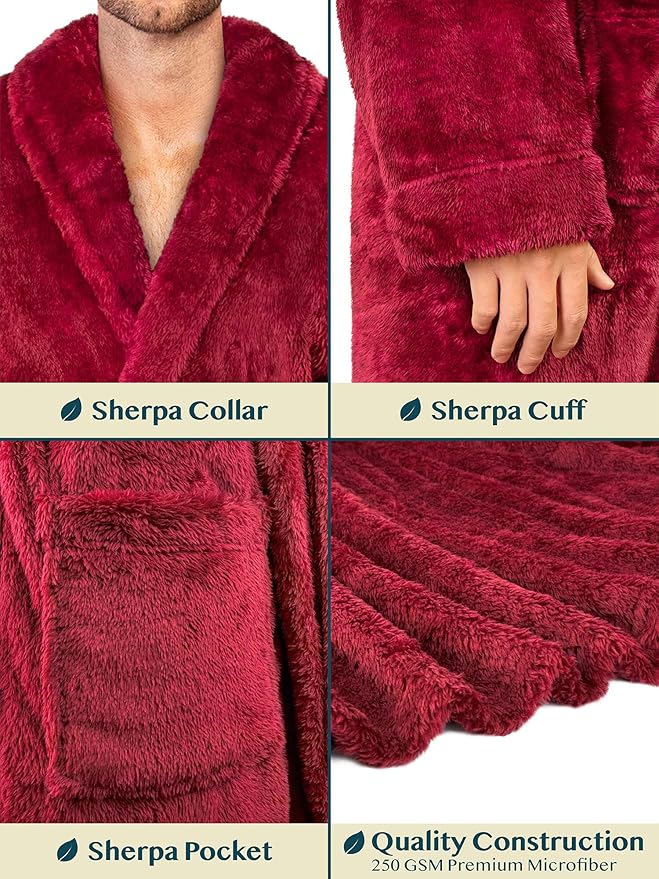 PAVILIA Mens Soft Robe, Plush Fluffy Fleece Bathrobe Men, Long Sherpa Shaggy Spa Robe