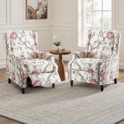 UIXE Pushback Recliner Chair, Fabric Upholstered Armchair Push Back Accent Chair for Living Room, Rivet Trim Home Theater Single Sofa Bedroom Reading Seat with Footrest - Beige Floral