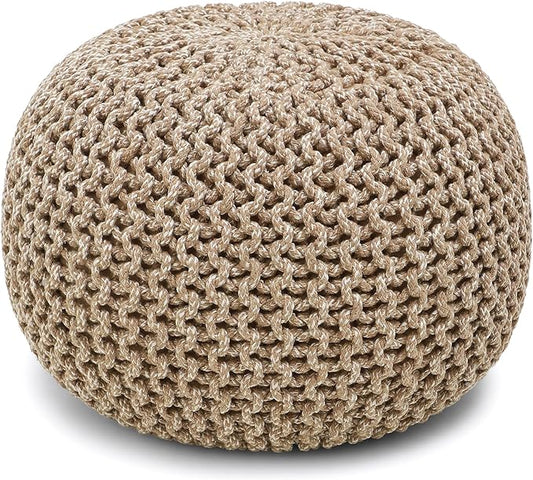 REDEARTH Round Pouf Ottoman - Hand Knitted Cable Boho Poof Home Décor Pouffe Circular Footrest for Living Room - Nursery - Bedroom - Lounge 100% Cotton (19.5"x19.5"x14") - Beige Ivory