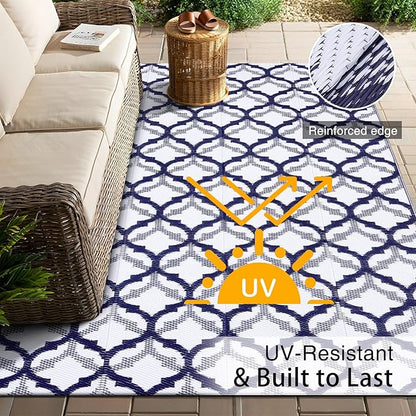 OLANLY Reversible Outdoor Rug 5x8 ft Clearance, Waterproof Outdoor Plastic Straw Rug with Interlacing Pattern, RV Mat for Patio, Camping, Balcony, Deck, Backyard, Navy & White