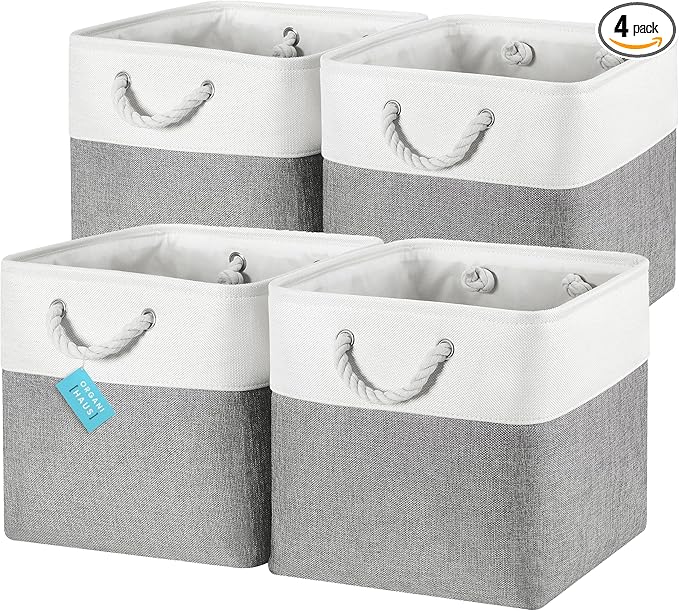 OrganiHaus 13x13 Cube Storage Bins 4 Pack, Foldable Cube Storage Organizer w/ Rope Handles, Collapsible Fabric Bins for Toys, Clothes & Closet Organization, Fabric Square Baskets - Gray/White