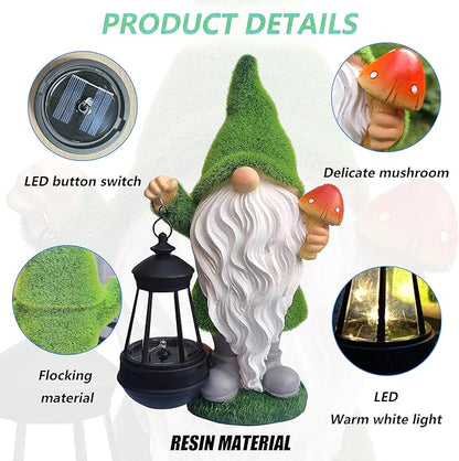 Solar Gnomes Garden Statues,Resin Gnome Figurine Holding Mushroom and Solar Lights Lantern,Outdoor Yard Art Decorations for Garden Patio Lawn