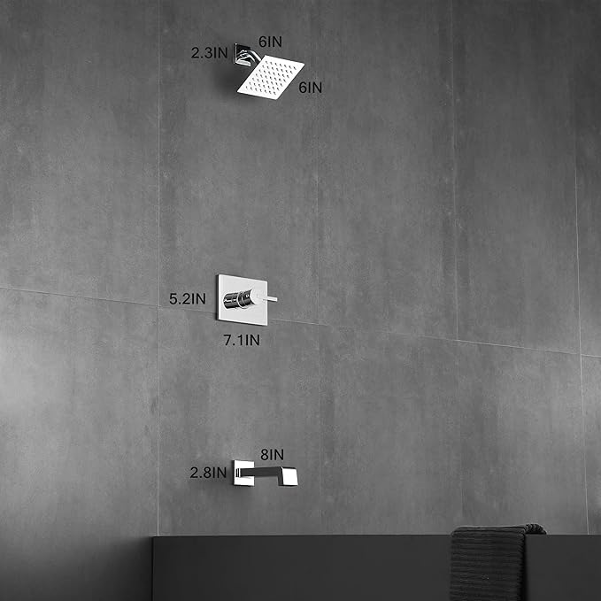 Shower Faucet Set, Tub Shower Faucet with 6-Inch Rainfall Shower Head and Tub Spout, Shower Tub Faucet Set Complete (Included Shower Valve), Tub Shower Trim Kit, Polished Chrome