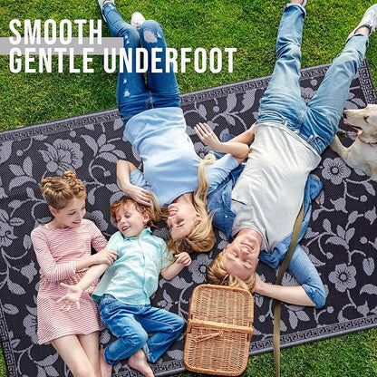 OLANLY Waterproof Outdoor Rug 5x8 ft, Outdoor Plastic Straw Rug with Flower Pattern, Reversible RV Mat for Patio, Camping, Balcony, Deck, Backyard, Black & Grey