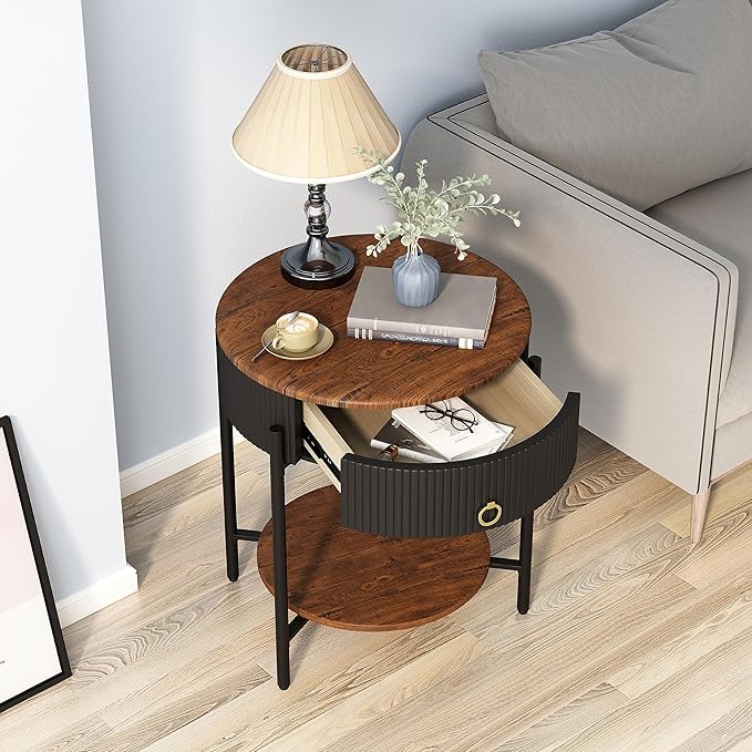 OIOG Modern Side Table with Drawer, Industrial 2 Tier End Table with Shelf, Wood Grain Nightstand with Storage for Living Room, Bedroom, Office, Dorm, Black