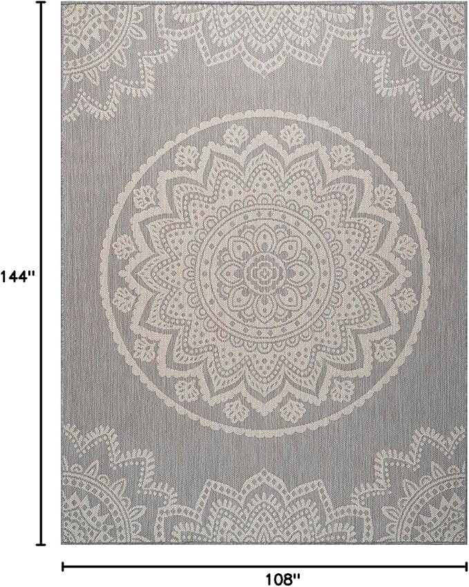 CAMILSON Outdoor Rug 9x12 Modern Area Rugs for Large Indoor and Outdoor Patios and Porches - Waterproof Washable Non-Shedding Easy-to-Clean Outside Carpet (9 x 12, Medallion - Grey/White)