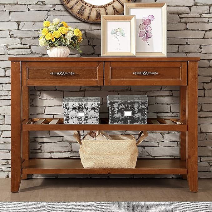 Solid Wood Console Table Entryway Table with Storage Drawers and Shelves Sofa Tables (42" Brown)