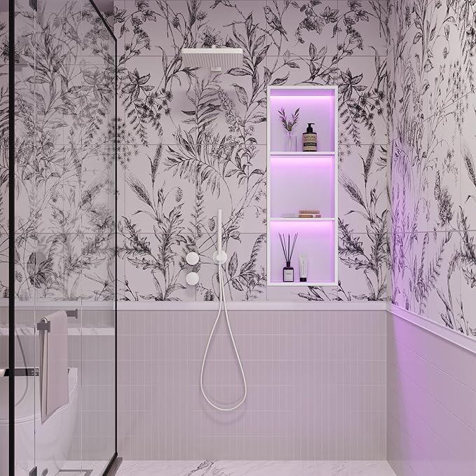 Stainless Steel Shower Niche 12" X 36", No Tile Needed Wall Niche with RGB Led Light, Recessed Shower Shelf for Bathroom Storage Over Mount Installation, Matte White